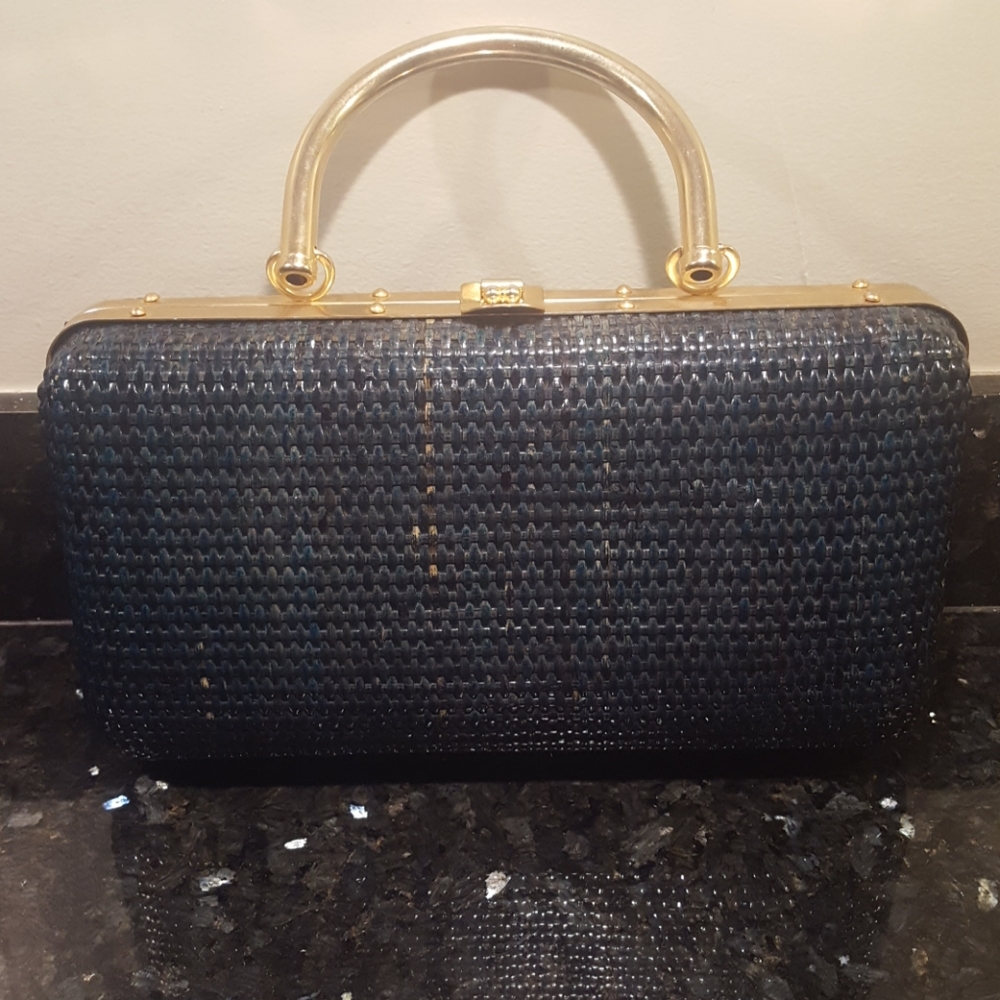 Vintage Dark Teal Hard Case Basket Weave  Bag